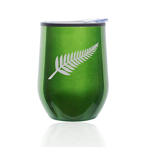 Stemless Wine Tumbler Coffee Travel Mug Glass With Lid New Zealand Silver Fern (Green)
