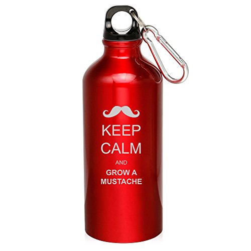 20oz Aluminum Sports Water Bottle Caribiner Clip Keep Calm and Grow A Mustache (Red)