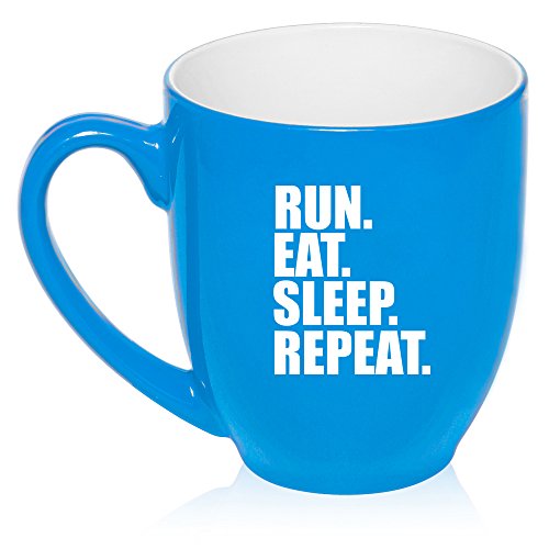 16 oz Large Bistro Mug Ceramic Coffee Tea Glass Cup Run Eat Sleep Repeat (Light Blue)