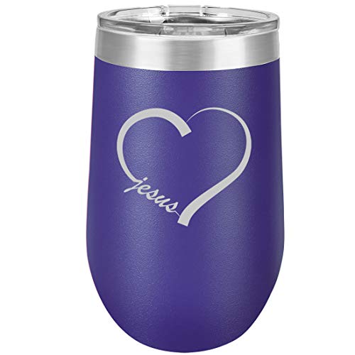 16 oz Double Wall Vacuum Insulated Stainless Steel Stemless Wine Tumbler Glass Coffee Travel Mug With Lid Love Heart Jesus (Purple)