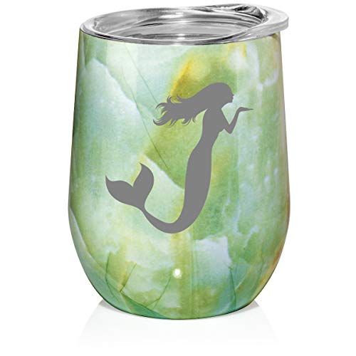 12 oz Double Wall Vacuum Insulated Stainless Steel Marble Stemless Wine Tumbler Glass Coffee Travel Mug With Lid Mermaid (Turquoise Green Marble)