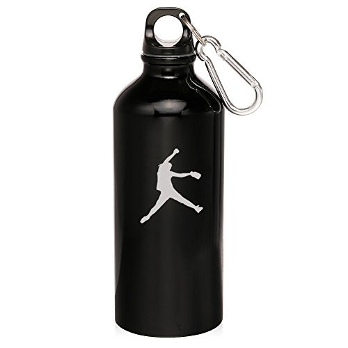 20oz Aluminum Sports Water Bottle Caribiner Clip Female Softball Pitcher (Black)