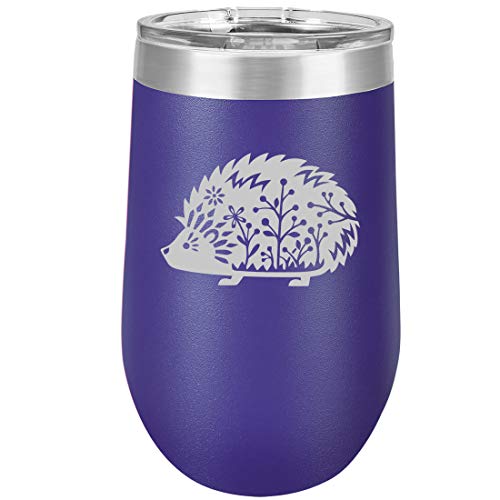 16 oz Double Wall Vacuum Insulated Stainless Steel Stemless Wine Tumbler Glass Coffee Travel Mug With Lid Fancy Hedgehog (Purple)