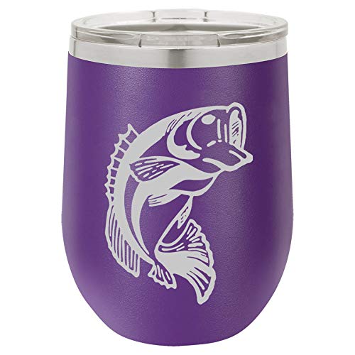 12 oz Double Wall Vacuum Insulated Stainless Steel Stemless Wine Tumbler Glass Coffee Travel Mug With Lid Bass Fish (Purple)