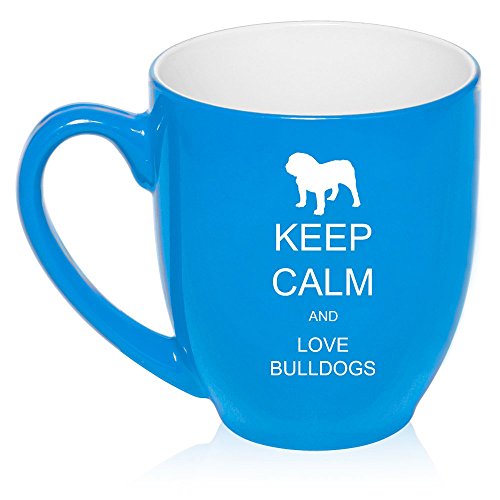 16 oz Large Bistro Mug Ceramic Coffee Tea Glass Cup Keep Calm and Love Bulldogs (Light Blue)
