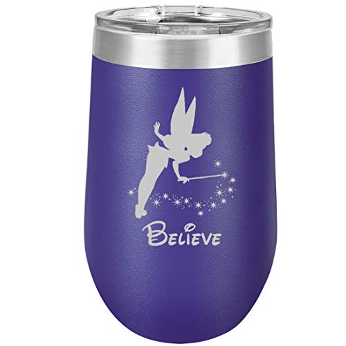 16 oz Double Wall Vacuum Insulated Stainless Steel Stemless Wine Tumbler Glass Coffee Travel Mug With Lid Fairy Believe (Purple)