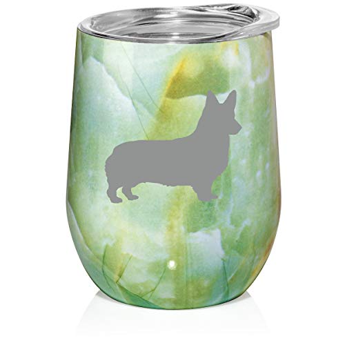 12 oz Double Wall Vacuum Insulated Stainless Steel Marble Stemless Wine Tumbler Glass Coffee Travel Mug With Lid Corgi (Turquoise Green Marble)