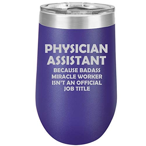 16 oz Double Wall Vacuum Insulated Stainless Steel Stemless Wine Tumbler Glass Coffee Travel Mug With Lid Physician Assistant Miracle Worker Job Title Funny (Purple)