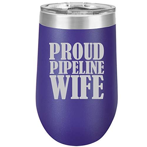 16 oz Double Wall Vacuum Insulated Stainless Steel Stemless Wine Tumbler Glass Coffee Travel Mug With Lid Proud Pipeline Wife (Purple)