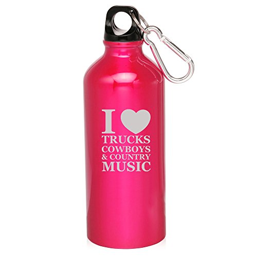 20oz Aluminum Sports Water Bottle Caribiner Clip I Love Trucks Cowboys Country Music (Hot Pink)