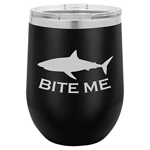 12 oz Double Wall Vacuum Insulated Stainless Steel Stemless Wine Tumbler Glass Coffee Travel Mug With Lid Bite Me Shark Funny (Black)