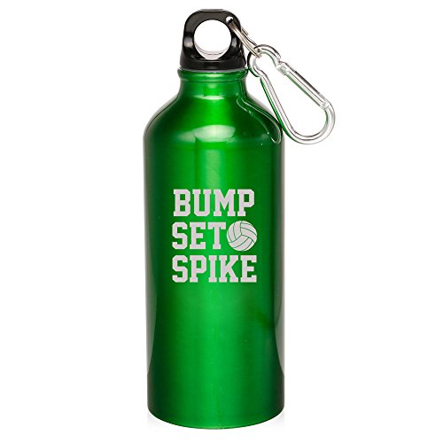 20oz Aluminum Sports Water Bottle Caribiner Clip Bump Set Spike Volleyball (Green)