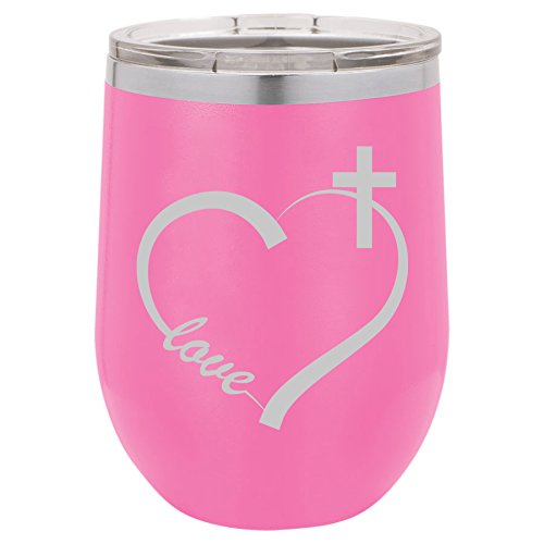 12 oz Double Wall Vacuum Insulated Stainless Steel Stemless Wine Tumbler Glass Coffee Travel Mug With Lid Love Heart Cross Christian (Hot-Pink)