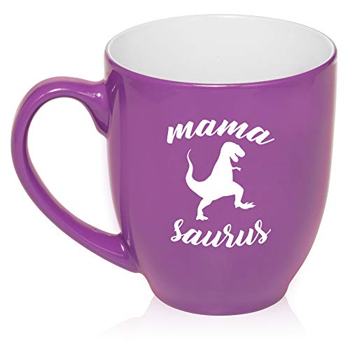 16 oz Large Bistro Mug Ceramic Coffee Tea Glass Cup Mama Saurus Mom Mother T-Rex Funny (Purple)