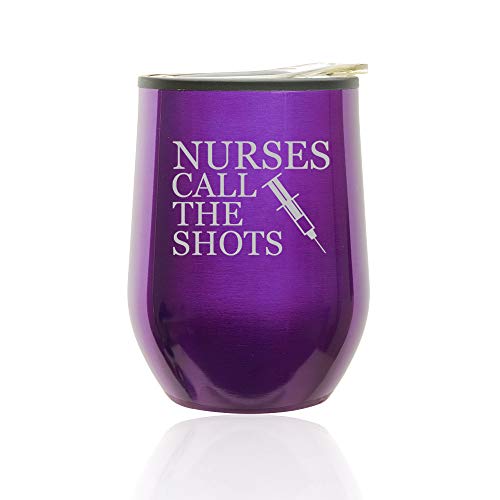 Stemless Wine Tumbler Coffee Travel Mug Glass With Lid Nurses Call The Shots (Royal Purple)