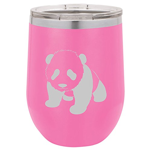 12 oz Double Wall Vacuum Insulated Stainless Steel Stemless Wine Tumbler Glass Coffee Travel Mug With Lid Baby Panda (Hot-Pink)