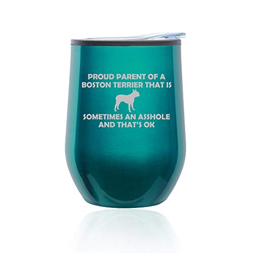 Stemless Wine Tumbler Coffee Travel Mug Glass With Lid Proud Parent Boston Terrier (Turquoise Teal)