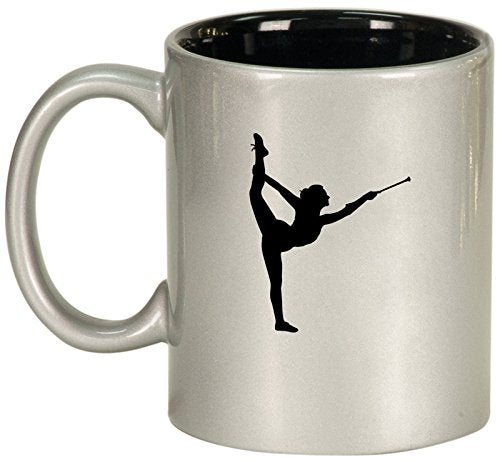 Ceramic Coffee Tea Mug Cup Female Gymnast Twirling Baton Gymnastics (Silver)