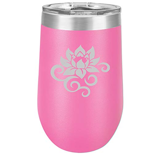 16 oz Double Wall Vacuum Insulated Stainless Steel Stemless Wine Tumbler Glass Coffee Travel Mug With Lid Lotus Flower Scroll (Hot Pink)