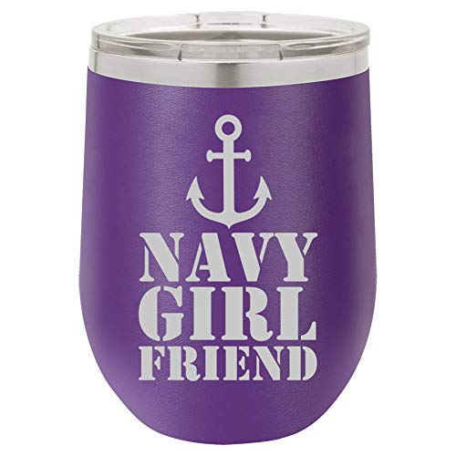 12 oz Double Wall Vacuum Insulated Stainless Steel Stemless Wine Tumbler Glass Coffee Travel Mug With Lid Navy Girlfriend Anchor (Purple)