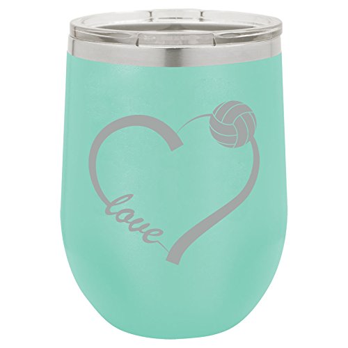 12 oz Double Wall Vacuum Insulated Stainless Steel Stemless Wine Tumbler Glass Coffee Travel Mug With Lid Love Heart Volleyball (Teal)