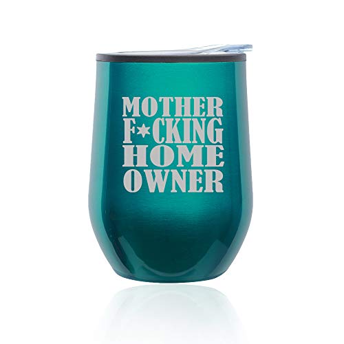 Stemless Wine Tumbler Coffee Travel Mug Glass With Lid Mother F ing Home Owner House Warming (Turquoise Teal)