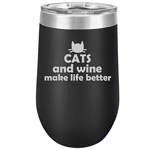 16 oz Double Wall Vacuum Insulated Stainless Steel Stemless Wine Tumbler Glass Coffee Travel Mug With Lid Cats And Wine Make Life Better
