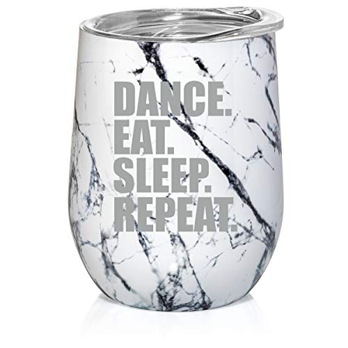 12 oz Double Wall Vacuum Insulated Stainless Steel Marble Stemless Wine Tumbler Glass Coffee Travel Mug With Lid Dance Eat Sleep Repeat (Black White Marble)