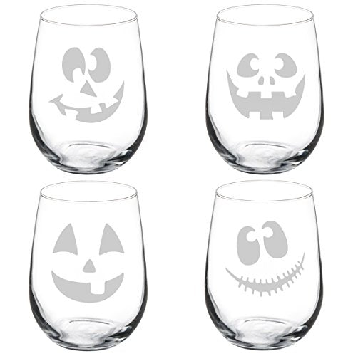 Set of 4 Wine Glass Goblet Jack O' Lanterns Halloween Collection (17 oz Stemless)