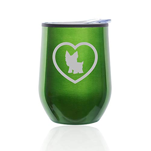 Stemless Wine Tumbler Coffee Travel Mug Glass With Lid Yorkie Heart (Green)