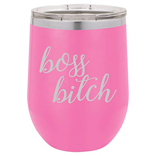 12 oz Double Wall Vacuum Insulated Stainless Steel Stemless Wine Tumbler Glass Coffee Travel Mug With Lid Boss Btch (Hot Pink)