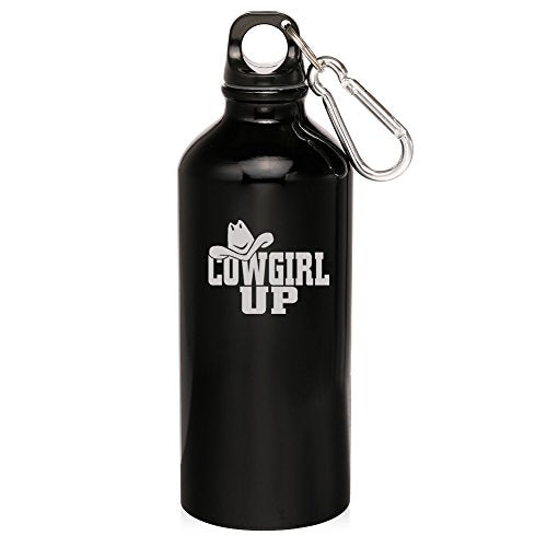 20oz Aluminum Sports Water Bottle Caribiner Clip Cowgirl Up with Hat (Black)