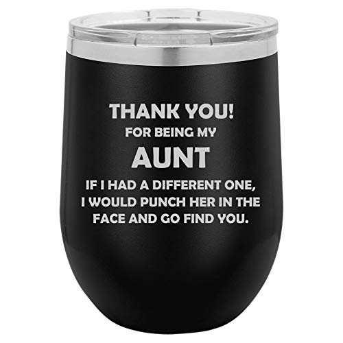 12 oz Double Wall Vacuum Insulated Stainless Steel Stemless Wine Tumbler Glass Coffee Travel Mug With Lid Aunt Thank You For Being My Funny (Black)