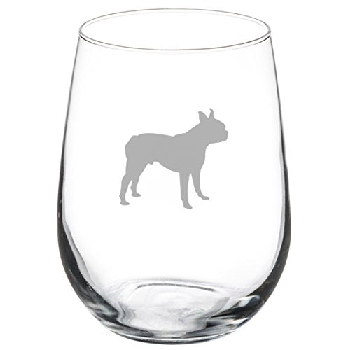 17 oz Stemless Wine Glass Boston Terrier Dog