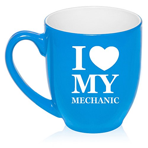 16 oz Large Bistro Mug Ceramic Coffee Tea Glass Cup I Love Heart My Mechanic (Light Blue)