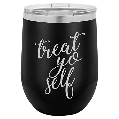 12 oz Double Wall Vacuum Insulated Stainless Steel Stemless Wine Tumbler Glass Coffee Travel Mug With Lid Treat Yo Self (Black)
