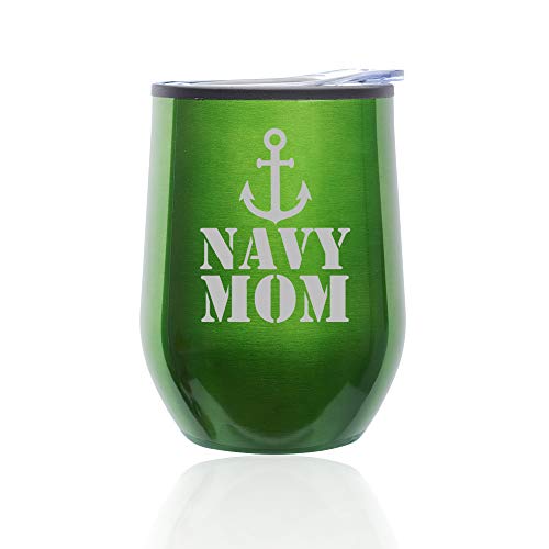 Stemless Wine Tumbler Coffee Travel Mug Glass With Lid Navy Mom (Green)