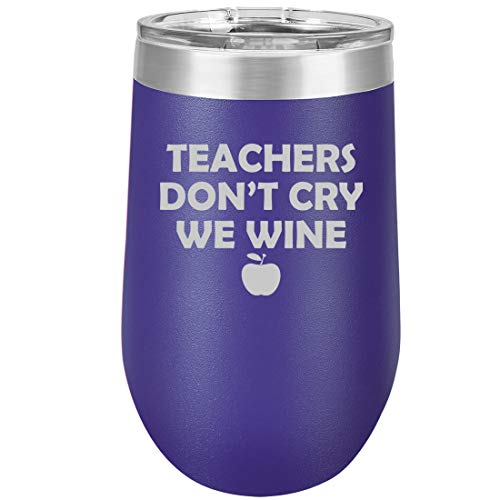 16 oz Double Wall Vacuum Insulated Stainless Steel Stemless Wine Tumbler Glass Coffee Travel Mug With Lid Teachers Don't Cry We Wine (Purple)