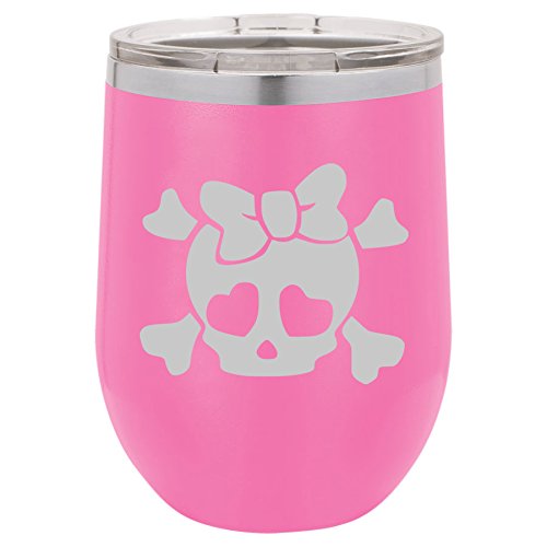 12 oz Double Wall Vacuum Insulated Stainless Steel Stemless Wine Tumbler Glass Coffee Travel Mug With Lid Heart Skull Bow (Hot-Pink)