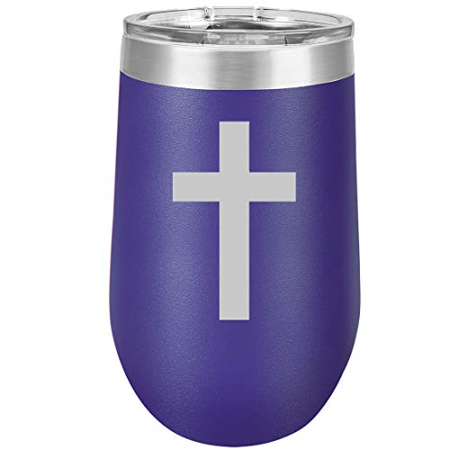 16 oz Double Wall Vacuum Insulated Stainless Steel Stemless Wine Tumbler Glass Coffee Travel Mug With Lid Cross Christian (Purple)