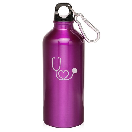 Purple 20oz Aluminum Sports Water Bottle Caribiner Clip ZW103 Nurse Doctor Heart Stethoscope