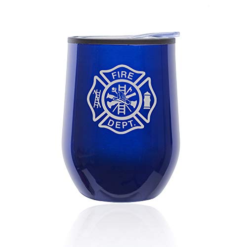 Stemless Wine Tumbler Coffee Travel Mug Glass With Lid Fire Department Maltese Cross (Blue)