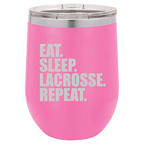 12 oz Double Wall Vacuum Insulated Stainless Steel Stemless Wine Tumbler Glass Coffee Travel Mug With Lid Eat Sleep Lacrosse Repeat (Hot-Pink)