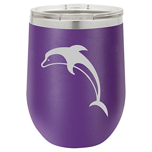 12 oz Double Wall Vacuum Insulated Stainless Steel Stemless Wine Tumbler Glass Coffee Travel Mug With Lid Dolphin (Purple)