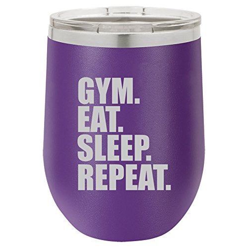 12 oz Double Wall Vacuum Insulated Stainless Steel Stemless Wine Tumbler Glass Coffee Travel Mug With Lid Gym Eat Sleep Repeat (Purple)