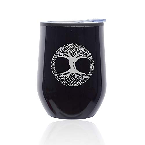 Stemless Wine Tumbler Coffee Travel Mug Glass With Lid Celtic Tree Of Life Irish (Midnight Black)