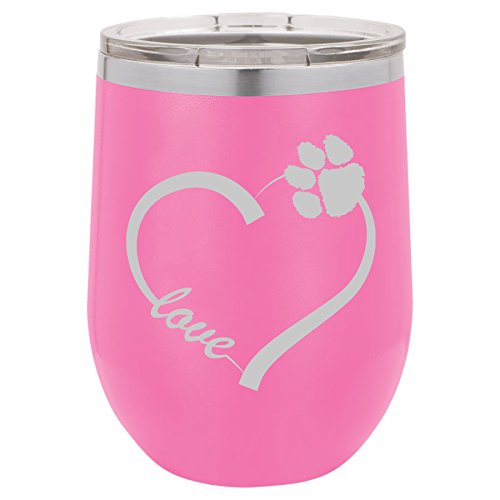 12 oz Double Wall Vacuum Insulated Stainless Steel Stemless Wine Tumbler Glass Coffee Travel Mug With Lid Love Heart Paw Animals (Hot-Pink)