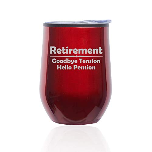 Stemless Wine Tumbler Coffee Travel Mug Glass With Lid Retirement Pension (Red)