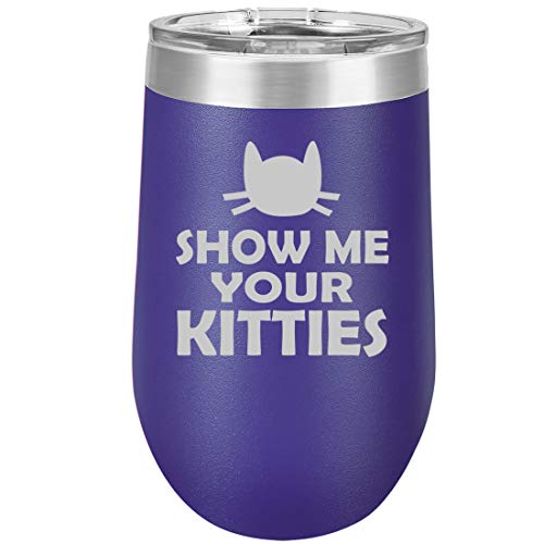 16 oz Double Wall Vacuum Insulated Stainless Steel Stemless Wine Tumbler Glass Coffee Travel Mug With Lid Show Me Your Kitties Funny Cat (Purple)