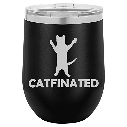 12 oz Double Wall Vacuum Insulated Stainless Steel Stemless Wine Tumbler Glass Coffee Travel Mug With Lid Catfinated Funny Cat Caffeine (Black)